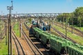 LVIV, UKRAINE - APRIL 2018: The railway station on which there are many freight trains and wagons Royalty Free Stock Photo