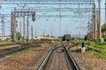 The railway station on which there are many freight trains and wagons Royalty Free Stock Photo