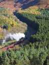 Steam train winding its way through a wooded valley