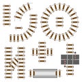 Railway structural elements. Top view railroad tracks vector set