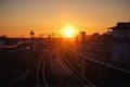 Railway at sunset public transport. transportation of people and freight