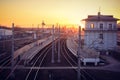 Railway at sunset public transport. transportation of people and freight