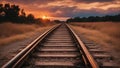 railway in the sunset _A train track that leads to a bright orange sunset over the horizon. The sky is filled with soft colors Royalty Free Stock Photo