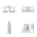 A railway tank, an oil storage, a drilling tower, an oil pump. Oil industry set collection icons in outline style vector Royalty Free Stock Photo
