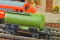 Railway tanker truck. Train hobby model on the model railway. Close-up