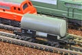 Railway tanker truck. Train hobby model on the model railway. Railroad platforms for transporting of liquid goods and