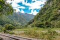 Railway to Machu Pichhu inca citadel and peruvian mountains at sunny day Royalty Free Stock Photo