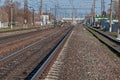 Railway to the sunset. Crossing of rails Royalty Free Stock Photo