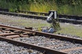 A railway switch of an abandoned station in Lower Austria, Weinviertel Royalty Free Stock Photo