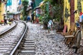 Railway track in back lane alley amazing for tourist in Hanoi Vietnam Indochina