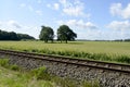 Railway track on the Baltic Sea Island Usedom with meadows, trees and blue sky Royalty Free Stock Photo