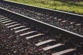 Railway track, rails, fasteners, railroad ties of train tracks on railroad Royalty Free Stock Photo