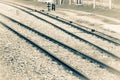 Railway track on gravel for train transportation. monochrome Vintage style