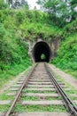 Railway track leading to the tunnel. A tunnel on a railway passing through a rainforest. Railroad among green nature, Sri Lanka. Royalty Free Stock Photo