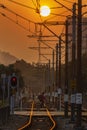 Railway track of Light Rail in Hong Kong city under sunset Royalty Free Stock Photo