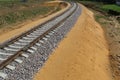 Railway track: rails, sleepers laid through fields, forests for transportation of goods and people.