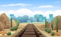 Railway track road to city on horizon. Desert and cacti. Path for train going into distance. Rails and sleepers. Cartoon