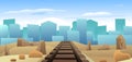 Railway track road to city on horizon. Desert and stones. Path for train going into distance. Rails and sleepers Royalty Free Stock Photo