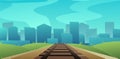 Railway track road to city on horizon. Path for train going into distance. Rails and sleepers. Cartoon fun style. Flat