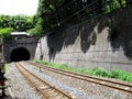 Railway track of Sagano Torokko romantic train for japanese people and foreign travelers travel visit Arashiyama scenic beauty Royalty Free Stock Photo