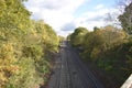 View of the railway track seen from an old bridge - photo taken in Leamington Spa, UK Royalty Free Stock Photo