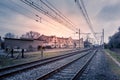 Railway track and station with abandoned loading docks Royalty Free Stock Photo