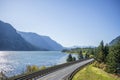 Railway track and vehicles road along the Columbia River in Columbia Gorge