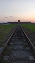 Railway tracks in Auschwitz Birkenau Concentration Camp at sunset. Royalty Free Stock Photo
