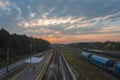 Railway tracks on the background of the sunrise, Malogoszcz, Poland