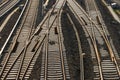 Railway tracks on concrete sleepers. Top view at sunset. Royalty Free Stock Photo