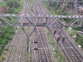 Railway tracks crossing each other in city Royalty Free Stock Photo