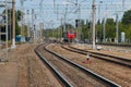 Railway tracks going away, railway power supply, electric locomotive on the tracks