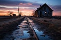 Railway tracks and old abandoned house at sunset in rural Colorado. Generative AI