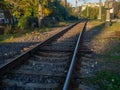 Railway tracks. Rails going around the corner. Transport Royalty Free Stock Photo