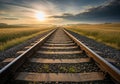Railway tracks stretch into the horizon under a setting sun, surrounded by vast fields of tall Royalty Free Stock Photo