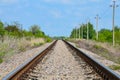 Railway tracks stretching into the distance in the middle of a green forest