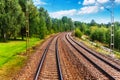 Railway tracks with catenary and summer landscape Royalty Free Stock Photo