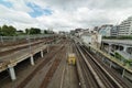 Railway tracks and trains at Ueno station in Tokyo Royalty Free Stock Photo