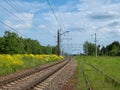 Railway tracks among yellow fields, country railroad