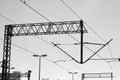 Railway traction. Electricity pylons and power lines against the sky. High voltage transmission Royalty Free Stock Photo