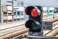 Railway traffic light in the area of a train station Royalty Free Stock Photo