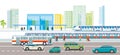Railway traffic and road traffic with train station, people illustration Royalty Free Stock Photo
