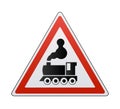 Railway train level crossing road sign. Vector illustration of warning for railroad crossing without barrier or gate Royalty Free Stock Photo