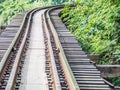 Railway trains track on wooden bridge