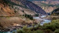 Railway and the Trans Canada Highway follow the Thompson River with its many rapids flowing through the Coastal Mountains Royalty Free Stock Photo