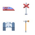 Railway transport icons set cartoon vector. Train semaphore and barrier