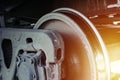 Railway transportation background. Train wheel close up.