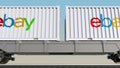Railway transportation of containers with eBay Inc. logo. Editorial 3D rendering 4K clip