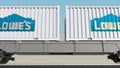 Railway transportation of containers with Lowe`s logo. Editorial 3D rendering 4K clip