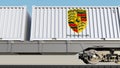 Railway transportation of containers with Porsche logo. Editorial 3D rendering